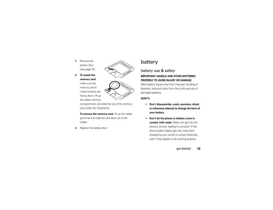 Motorola V9x manual Battery use & safety, To install the memory card 