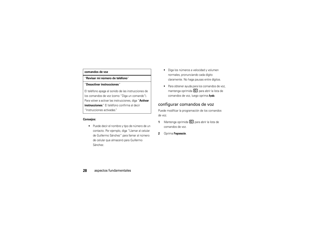 Motorola V9x manual Configurar comandos de voz, Oprima Programación Aspectos fundamentales, Consejos 