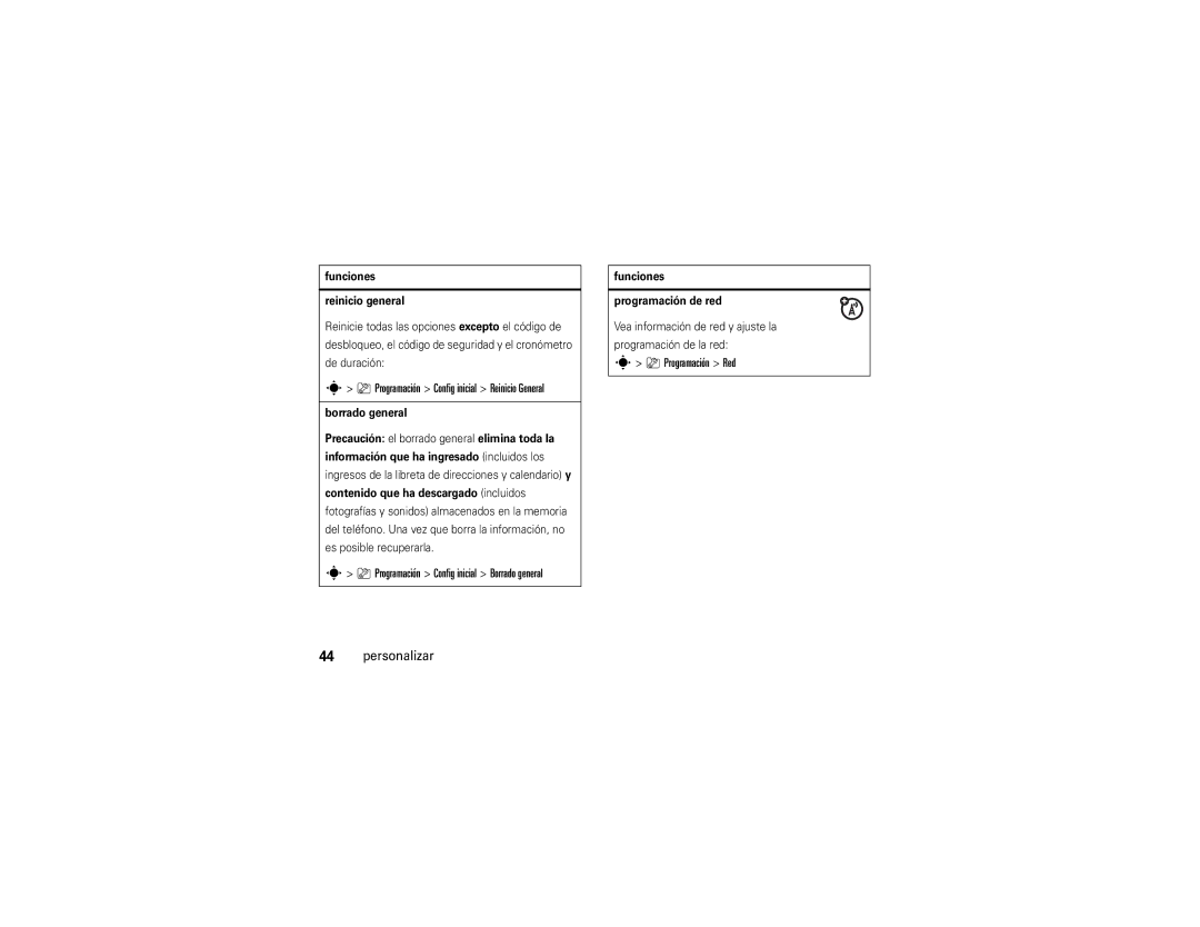Motorola V9x manual Programación Config inicial Borrado general, Programación Red Personalizar, Funciones Reinicio general 