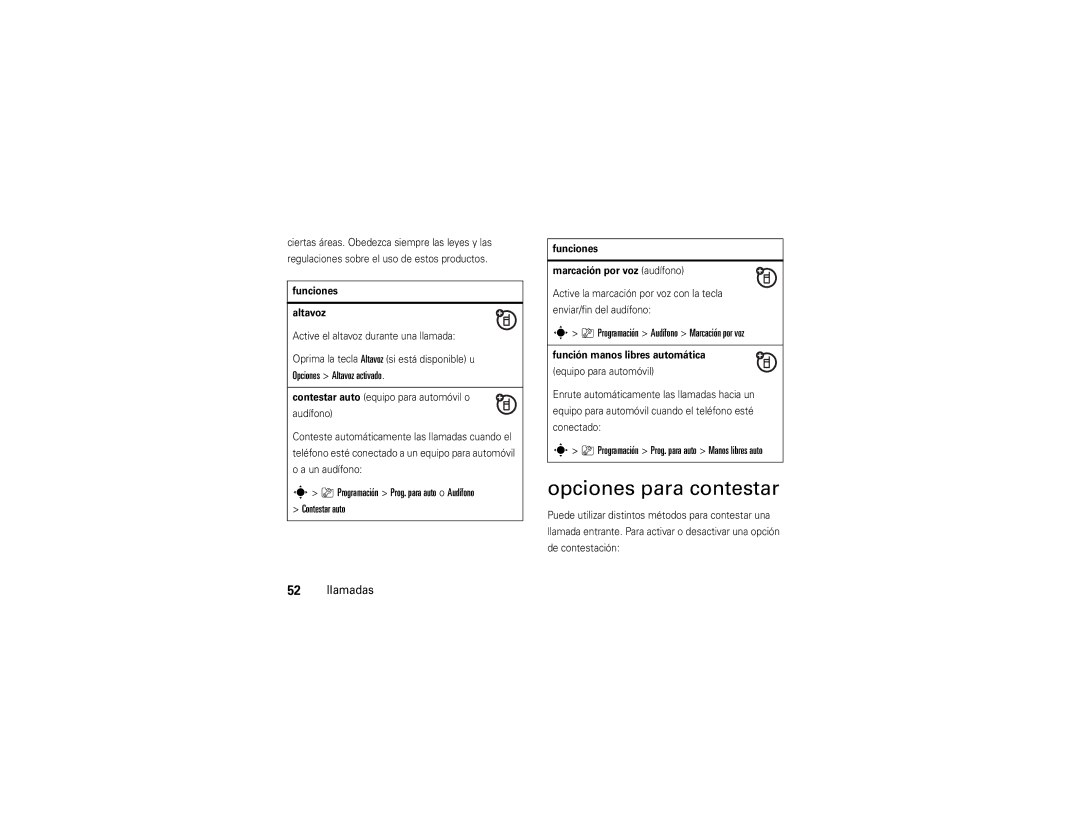 Motorola V9x manual Opciones para contestar, Programación Prog. para auto o Audífono Contestar auto 