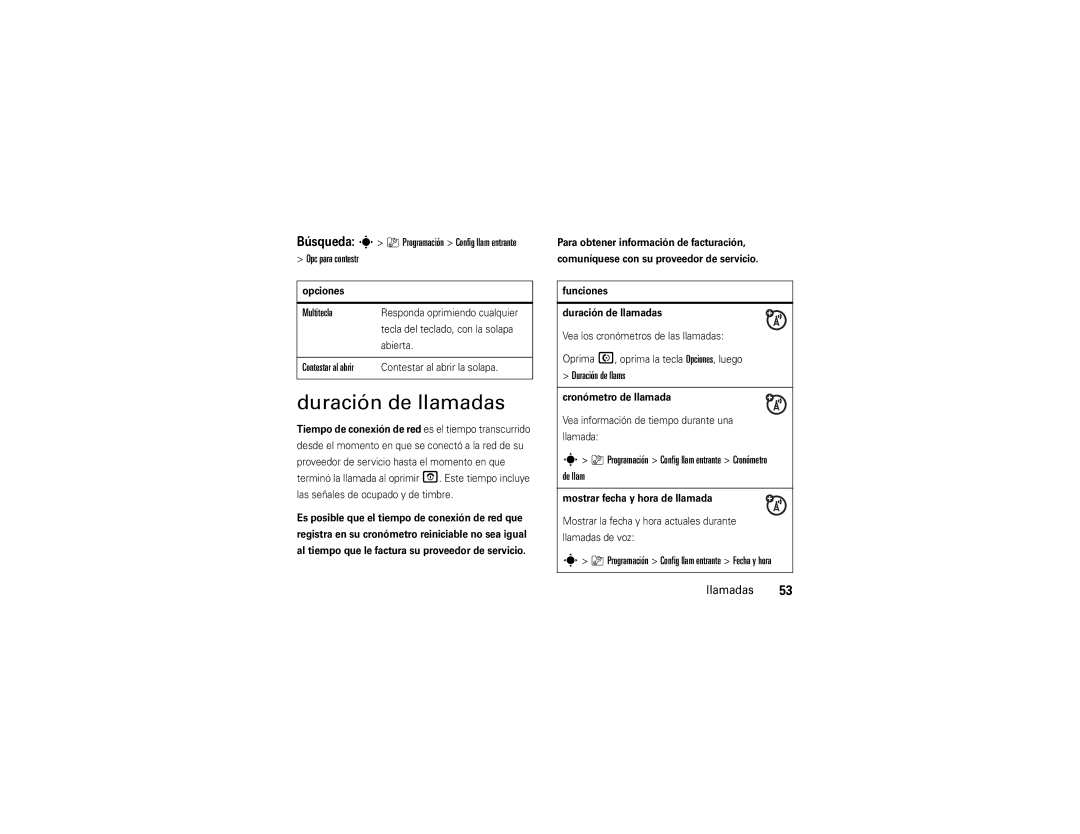 Motorola V9x manual Duración de llamadas, Opc para contestr, Multitecla, Duración de llams 