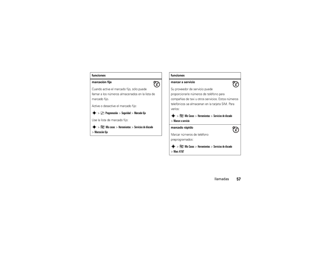 Motorola V9x manual Programación Seguridad Marcado fijo, Marcación fija, Marcar a servicio, Marc AT&T Llamadas 