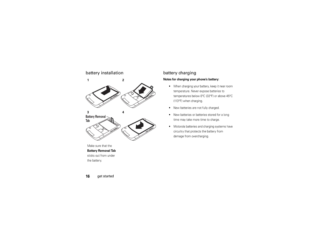 Motorola V9x Battery installation, Battery charging, Make sure that, Battery Removal Tab, Sticks out from under Battery 