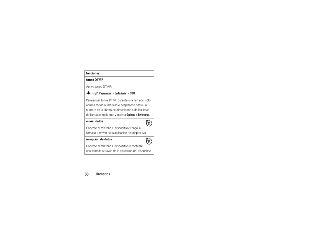 Motorola V9x Programación Config inicial Dtmf, Funciones Tonos Dtmf, Active tonos Dtmf, Enviar datos, Recepción de datos 