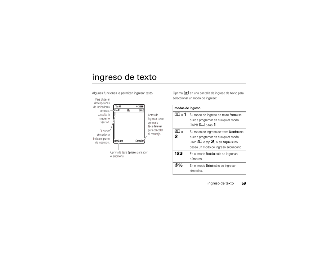 Motorola V9x manual Ingreso de texto, Msj, Cancelar, Modos de ingreso 