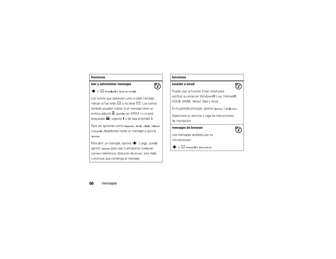 Motorola V9x manual Mensajería Buzón de mensaje, Opciones, Mensjería Msjs browser Mensajes 