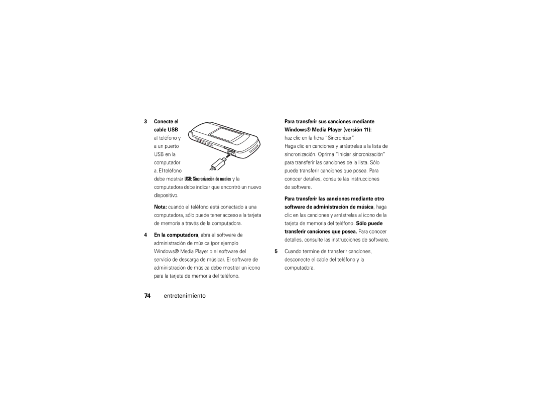 Motorola V9x manual Debe mostrar USB Sincronización de medios y la 