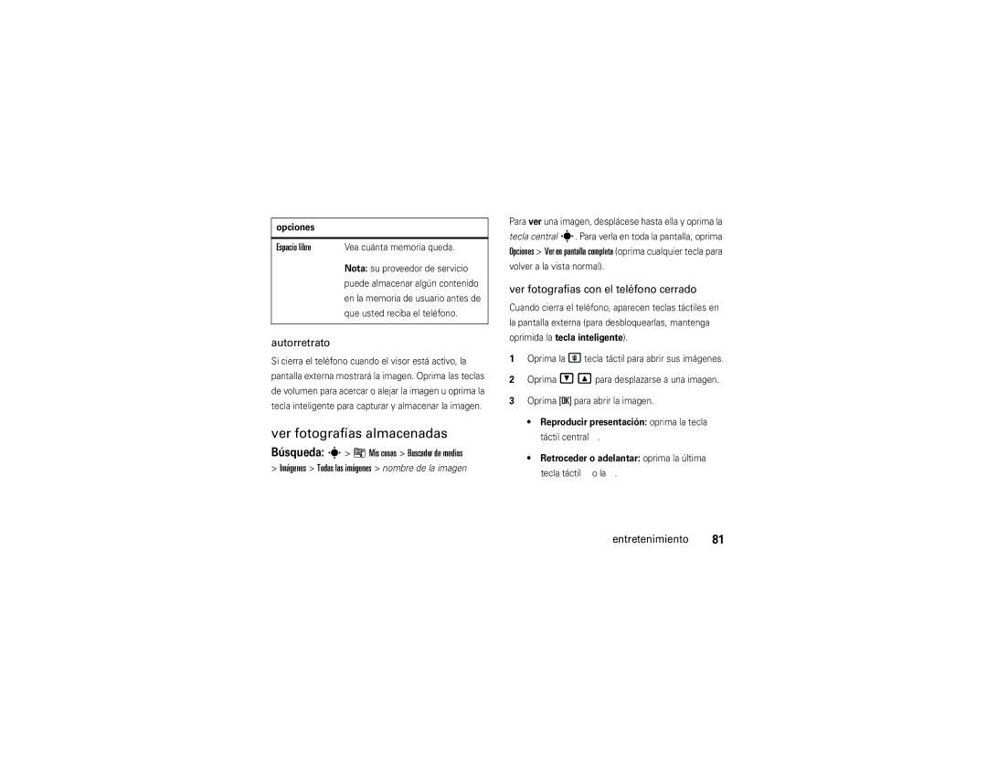 Motorola V9x manual Ver fotografías almacenadas, Espacio libre, Autorretrato, Búsqueda s Ã Mis cosas Buscador de medios 