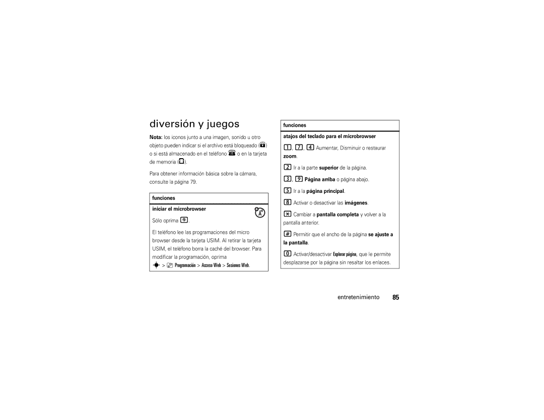 Motorola V9x manual Diversión y juegos, Programación Acceso Web Sesiones Web 