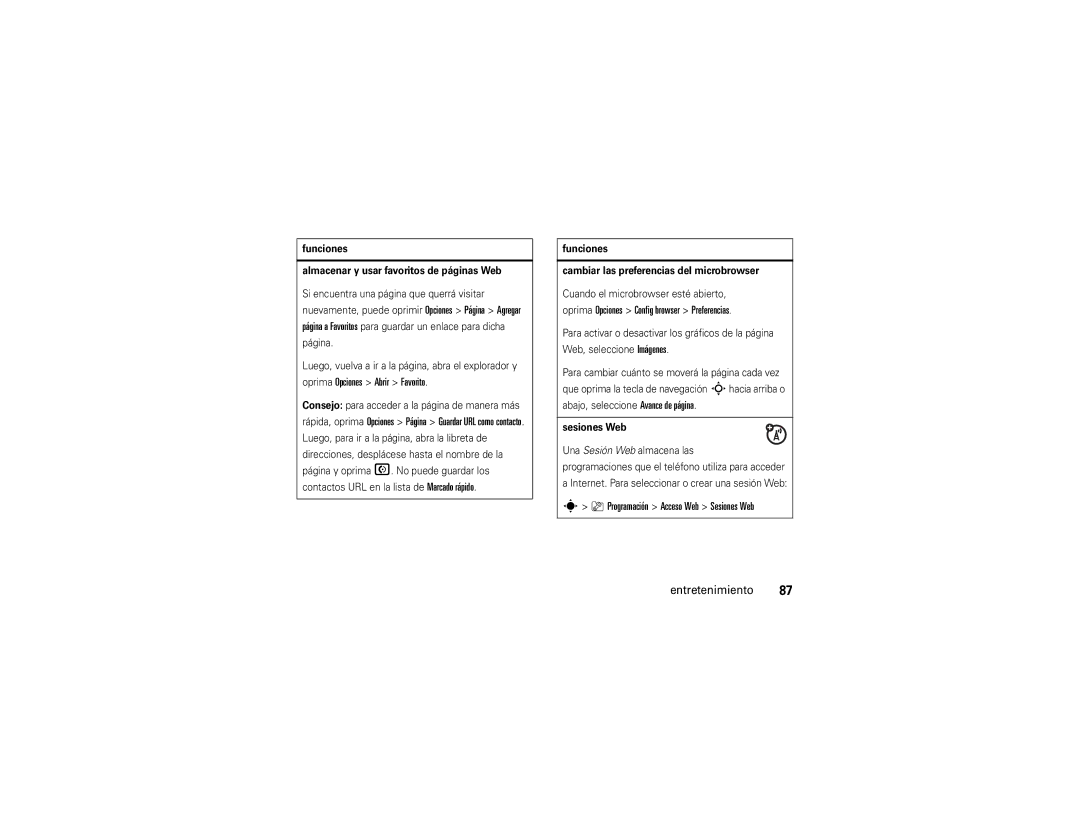 Motorola V9x Programación Acceso Web Sesiones Web Entretenimiento, Funciones Almacenar y usar favoritos de páginas Web 