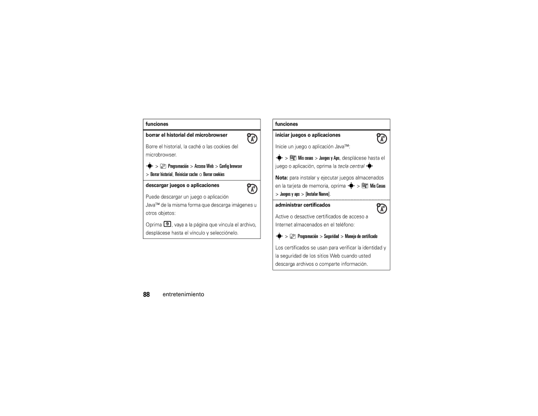 Motorola V9x manual Borrar historial, Reiniciar cache o Borrar cookies, Juegos y aps Instalar Nuevo 