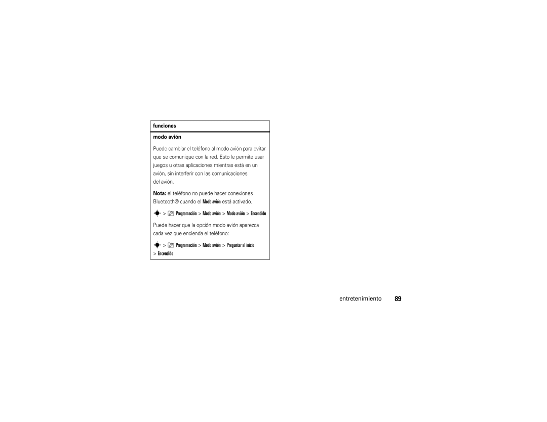 Motorola V9x manual Programación Modo avión Modo avión Encendido, Funciones Modo avión, Del avión 