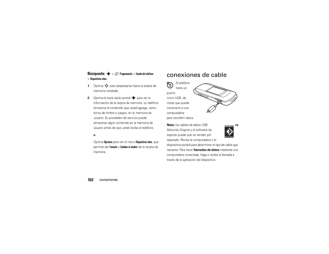 Motorola V9x manual Conexiones de cable, Puerto, Para transferir datos, Separado. Revise la computadora o el 