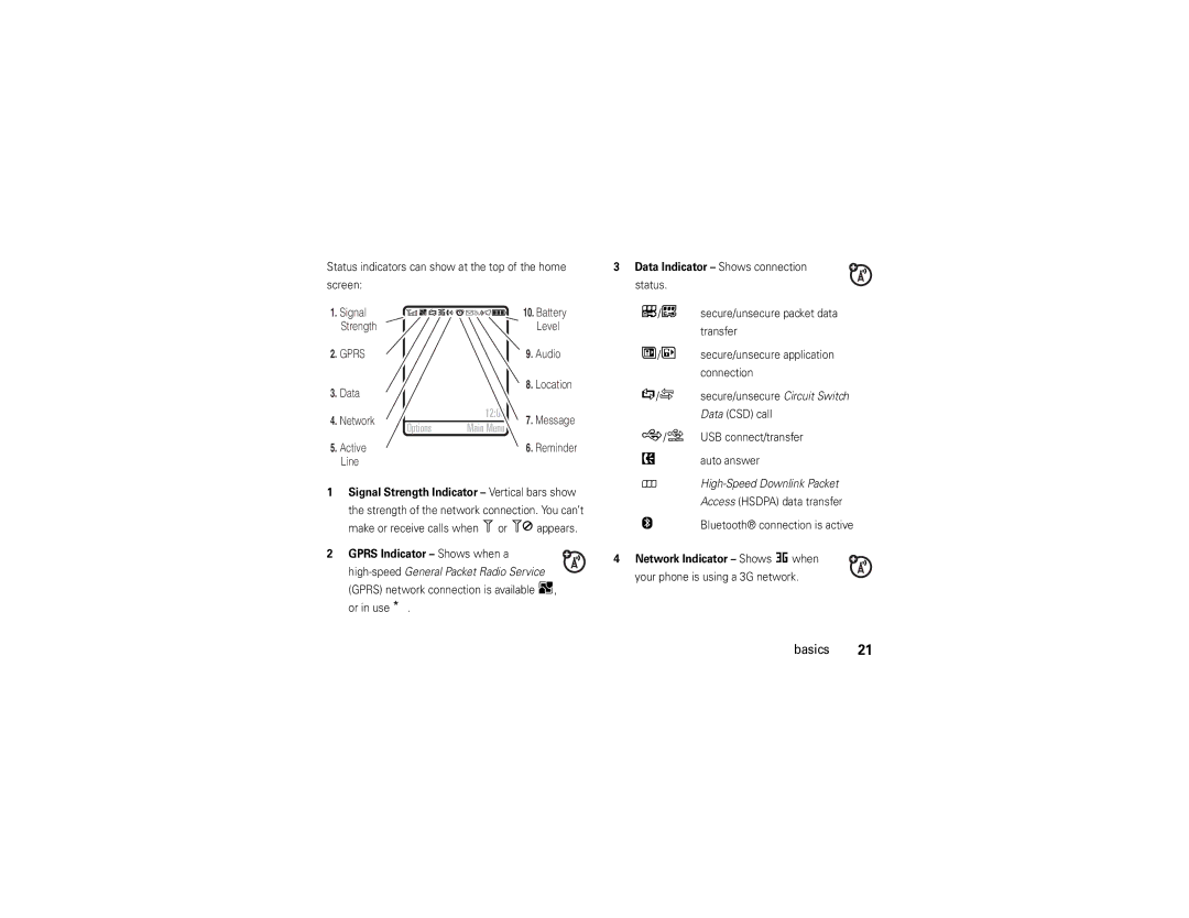 Motorola V9x Data Indicator Shows connection, Signal Strength Indicator Vertical bars show, Network Indicator Shows D when 