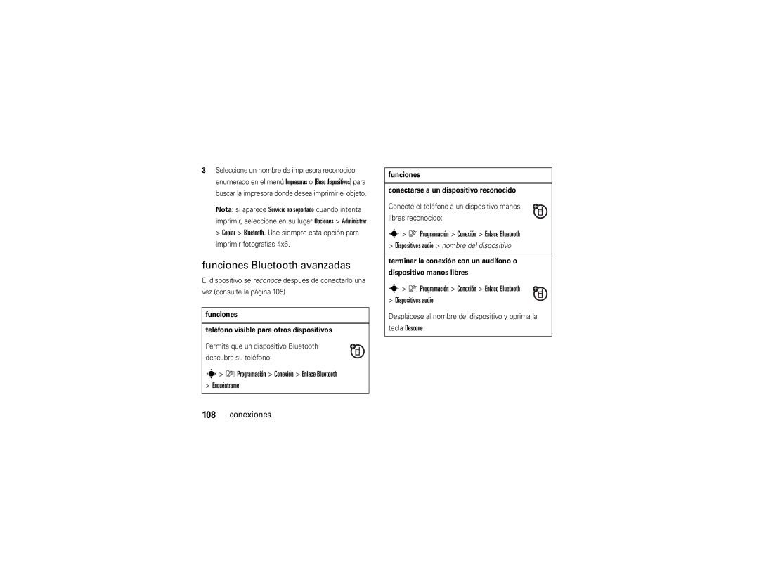 Motorola V9x manual Funciones Bluetooth avanzadas, Programación Conexión Enlace Bluetooth Encuéntrame 