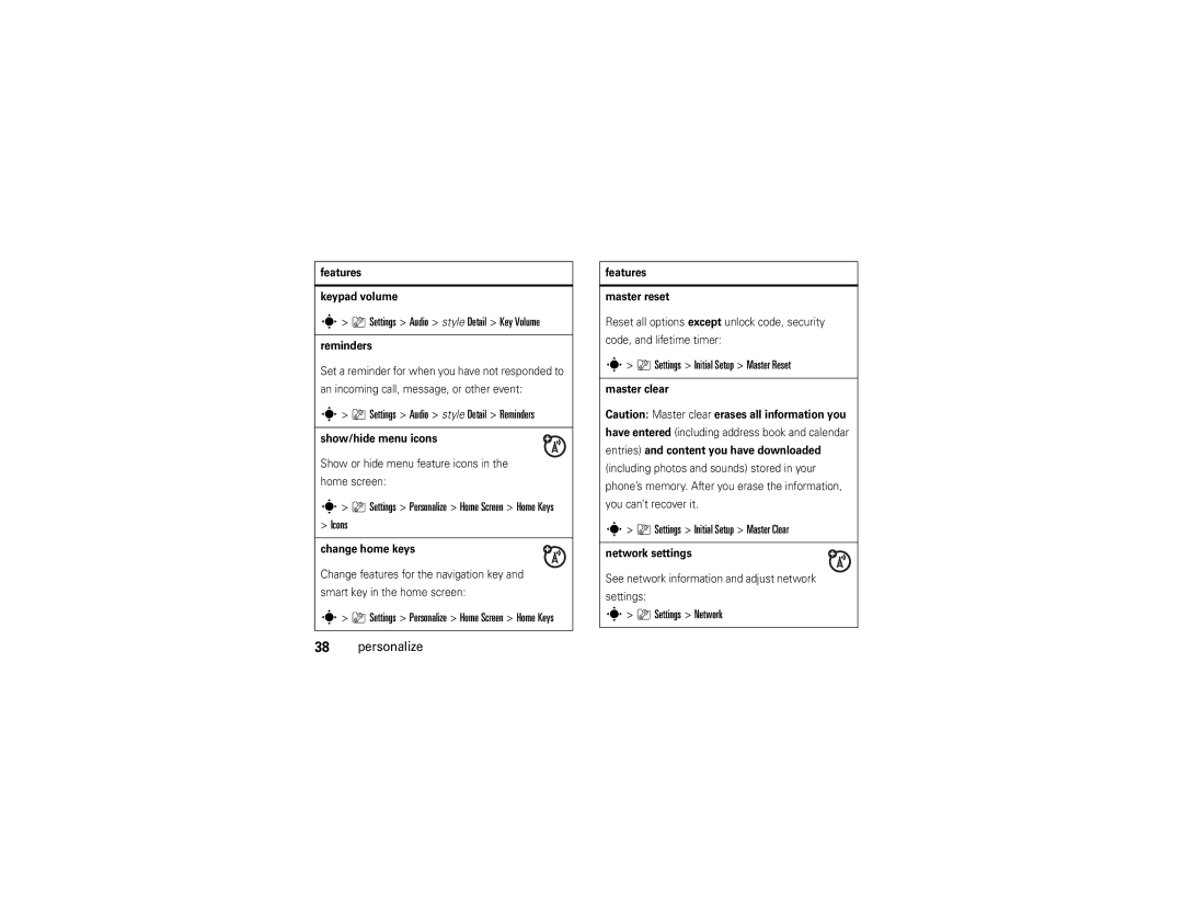 Motorola V9x manual Settings Audio style Detail Key Volume, Settings Audio style Detail Reminders, Settings Network 