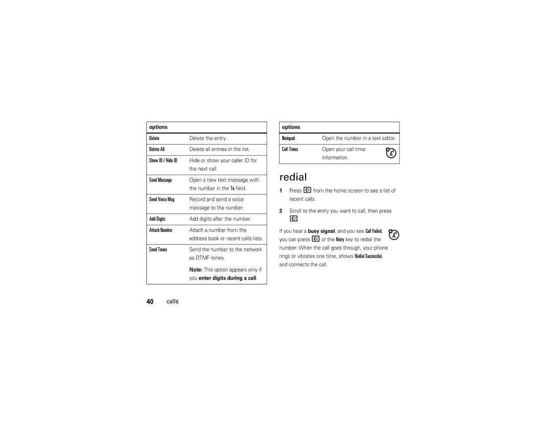 Motorola V9x manual Redial 