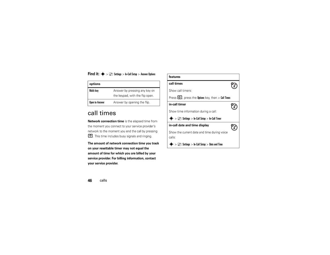 Motorola V9x manual Call times, Multi-key, Settings In-Call Setup In-Call Timer, Settings In-Call Setup Date and Time Calls 
