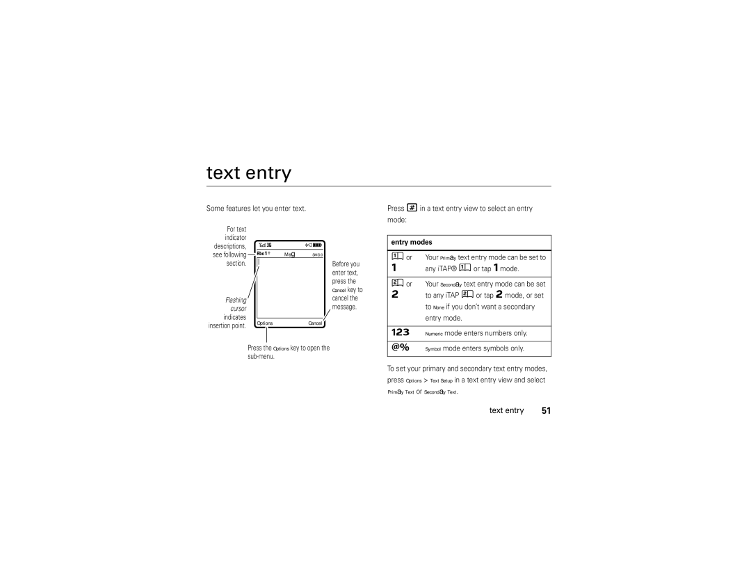 Motorola V9x manual Msg, Cancel key to, Primary Text or Secondary Text Text entry, Entry modes 