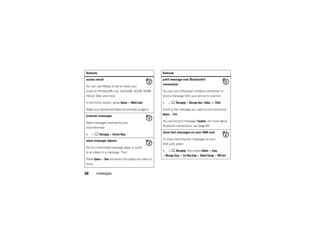 Motorola V9x manual Messaging Browser Msgs, Messaging Message Inbox, Outbox, or Drafts, Messaging, then press Options Setup 