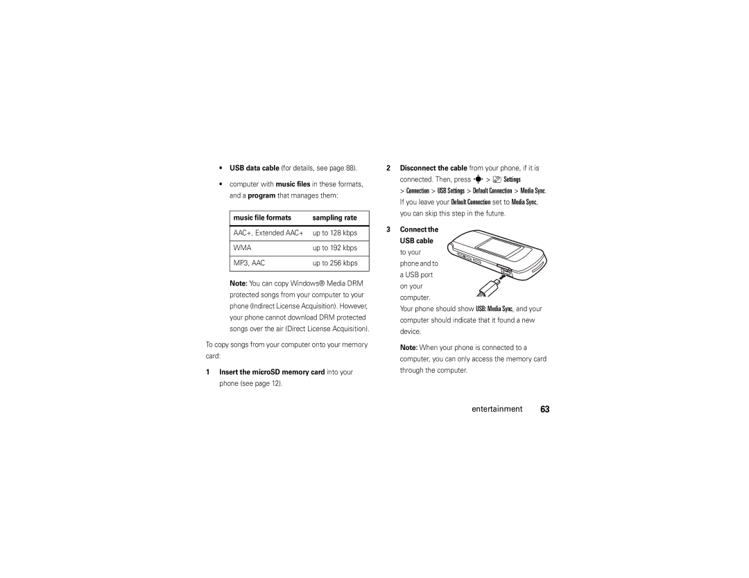 Motorola V9x manual Music file formats Sampling rate, Connect the USB cable to your 