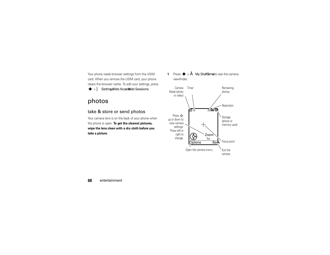 Motorola V9x manual Photos, Take & store or send photos, Settings Web Access Web Sessions, Options Back 