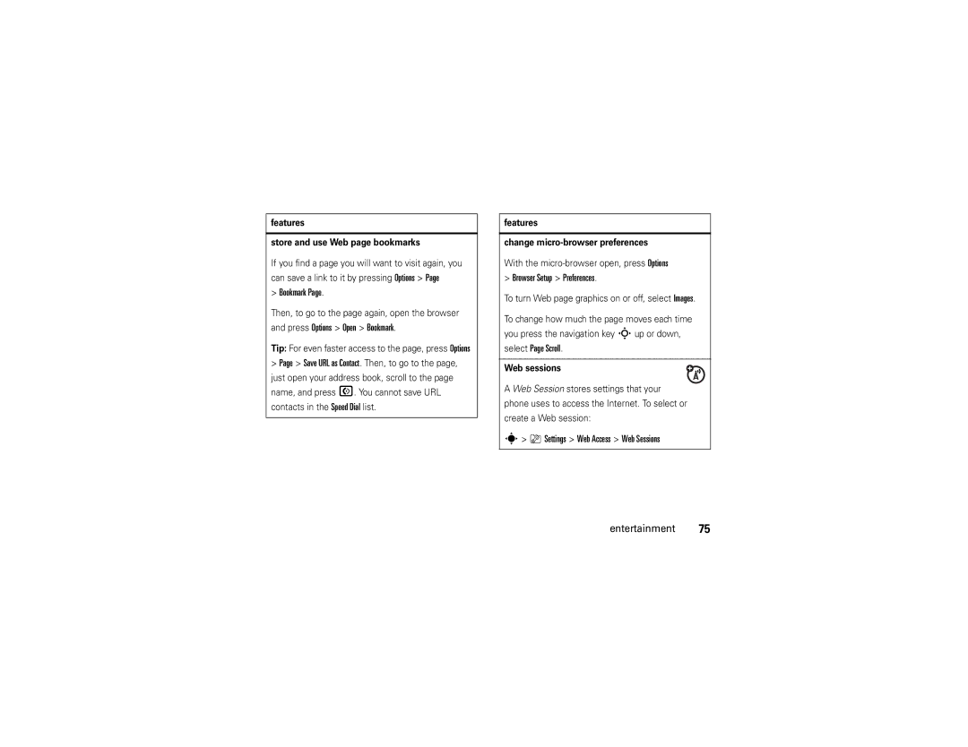 Motorola V9x manual Browser Setup Preferences, Settings Web Access Web Sessions Entertainment, Web sessions 