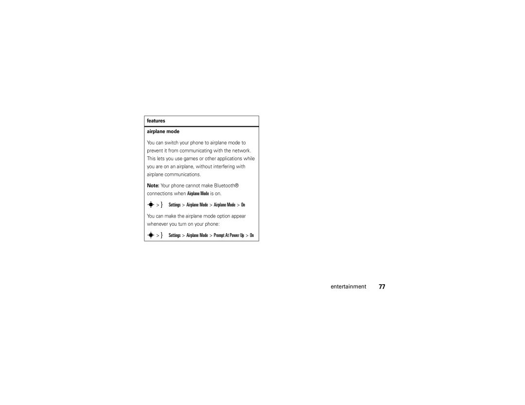 Motorola V9x manual Settings Airplane Mode Airplane Mode On, Settings Airplane Mode Prompt At Power Up On Entertainment 