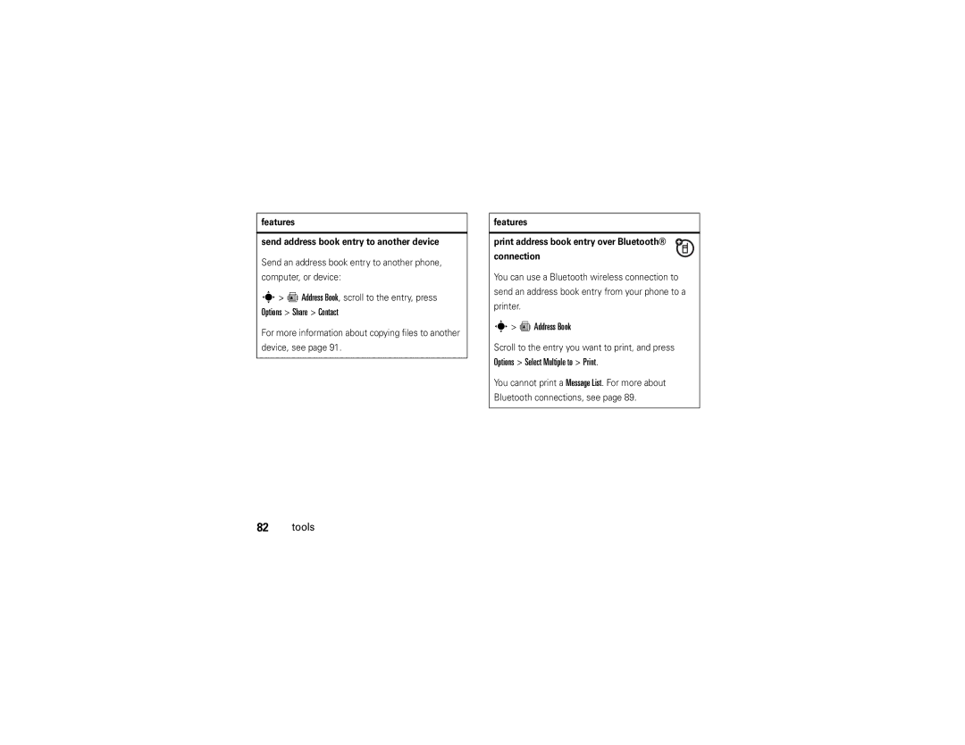 Motorola V9x manual Options Share Contact, = Address Book, Features Send address book entry to another device 