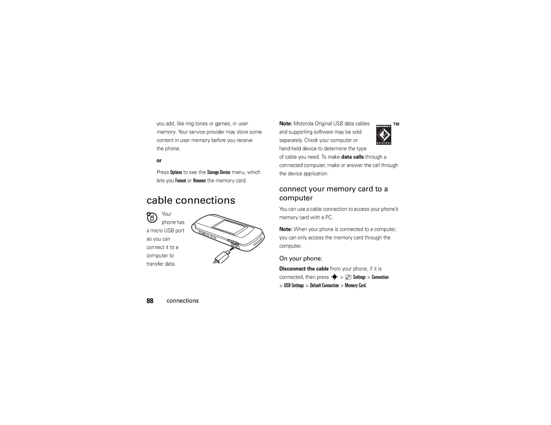 Motorola V9x manual Cable connections, Connect your memory card to a computer, On your phone 