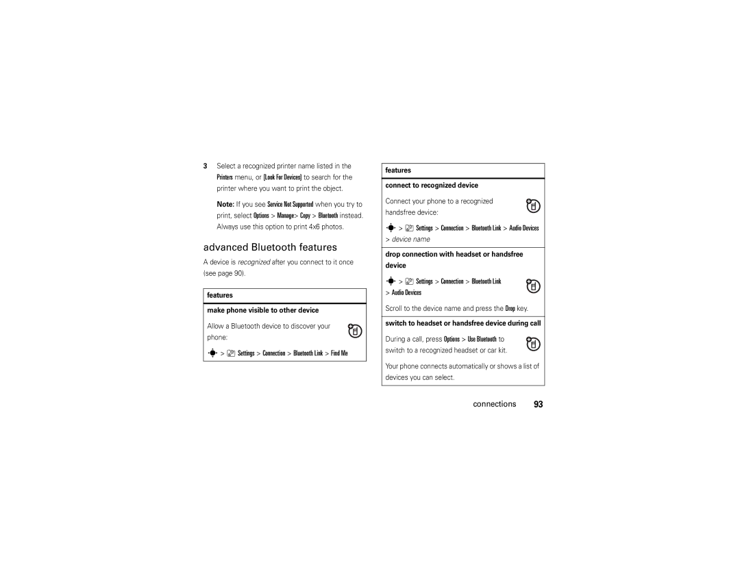 Motorola V9x manual Advanced Bluetooth features, Settings Connection Bluetooth Link Audio Devices 