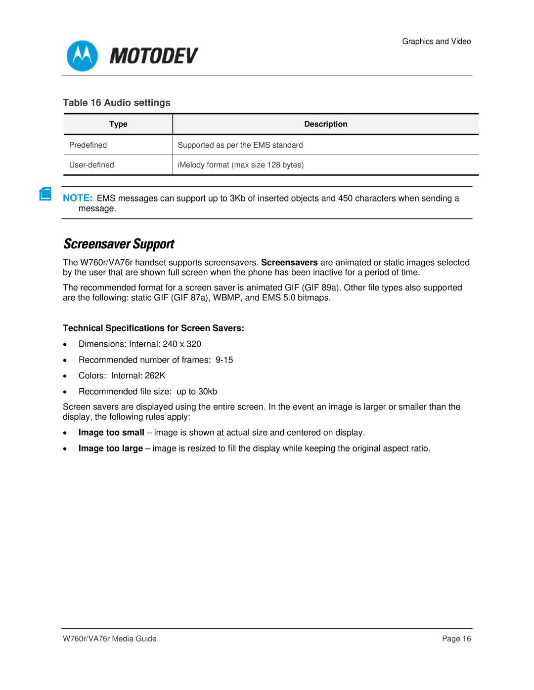 Motorola VA76R manual Screensaver Support, Audio settings, Technical Specifications for Screen Savers 