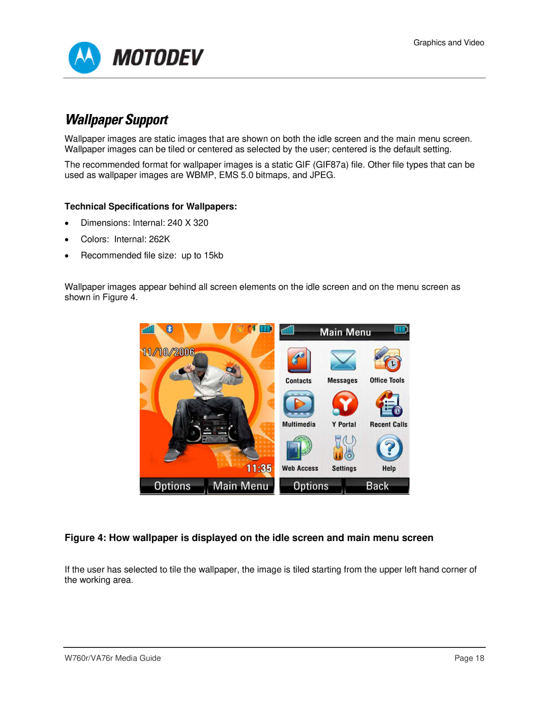 Motorola VA76R manual Wallpaper Support, Technical Specifications for Wallpapers 
