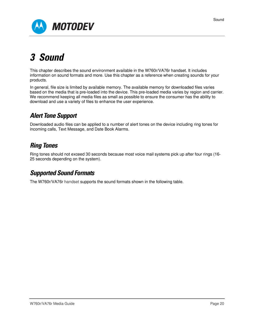 Motorola VA76R manual Alert Tone Support, Ring Tones, Supported Sound Formats 