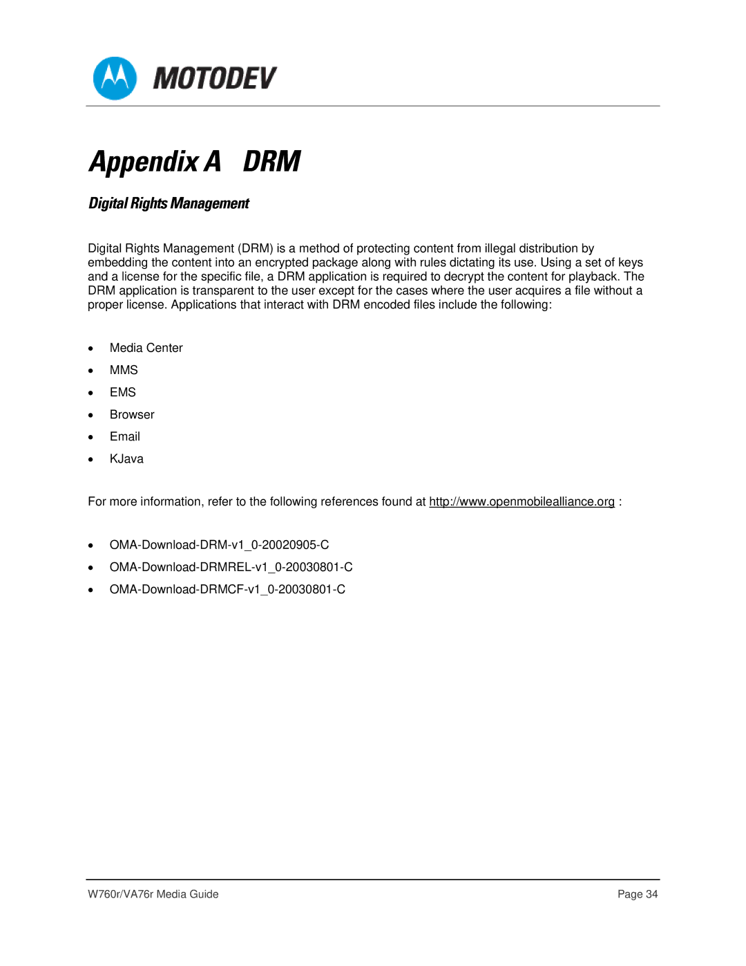 Motorola VA76R manual Appendix a DRM, Digital Rights Management 