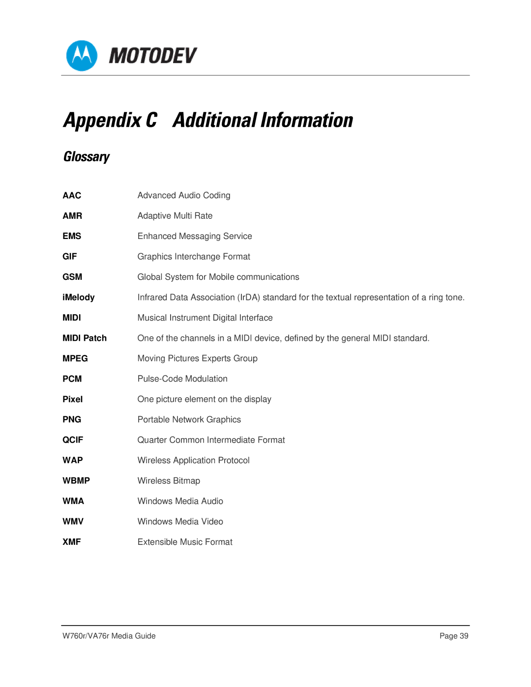 Motorola VA76R manual Appendix C Additional Information, Glossary 