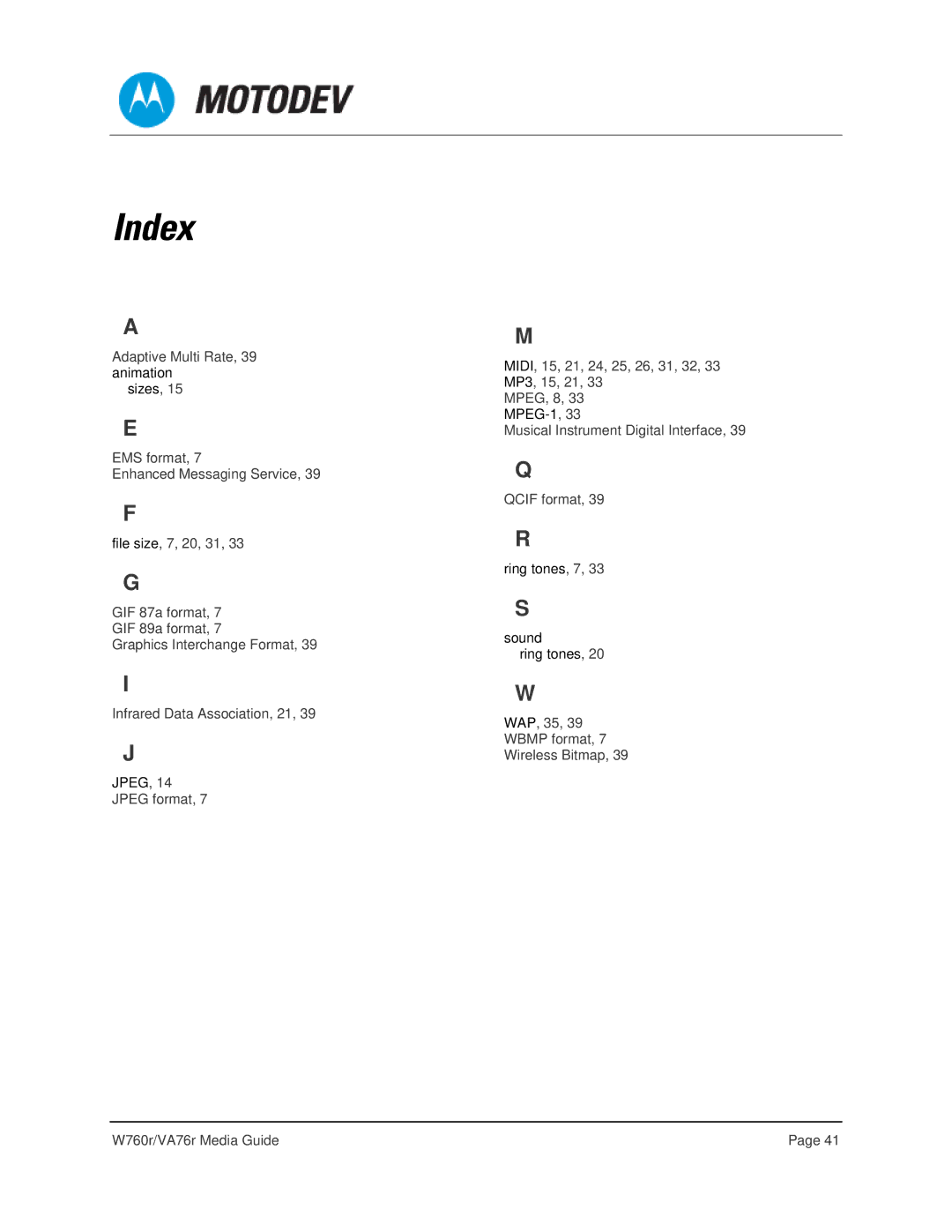 Motorola VA76R manual Index 