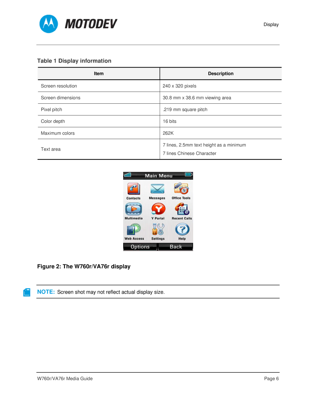 Motorola VA76R manual Display information, Description 