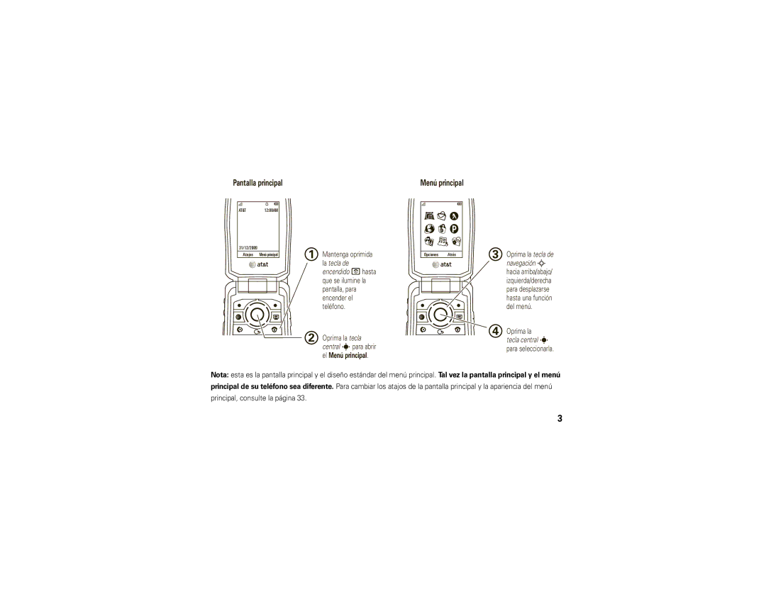 Motorola VA76R manual Principal, consulte la página, Pantalla principal Menú principal 