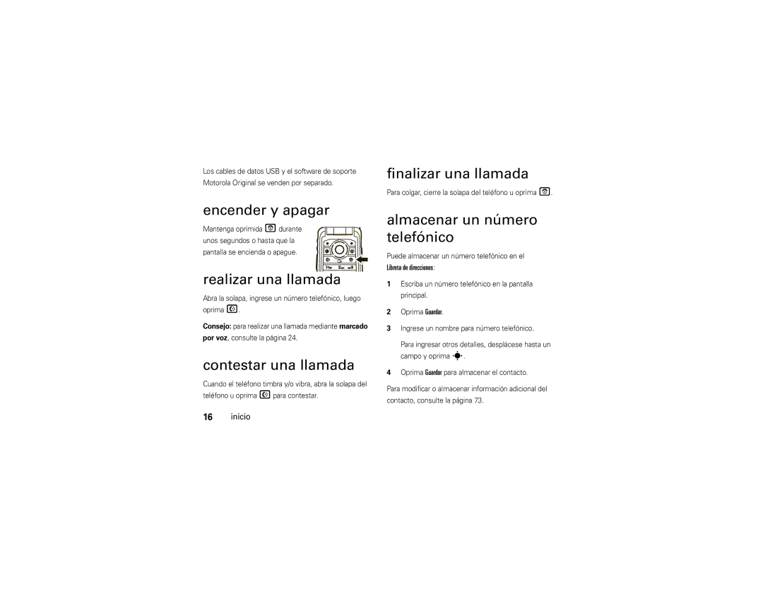 Motorola VA76R manual Encender y apagar, Realizar una llamada, Contestar una llamada, Finalizar una llamada 