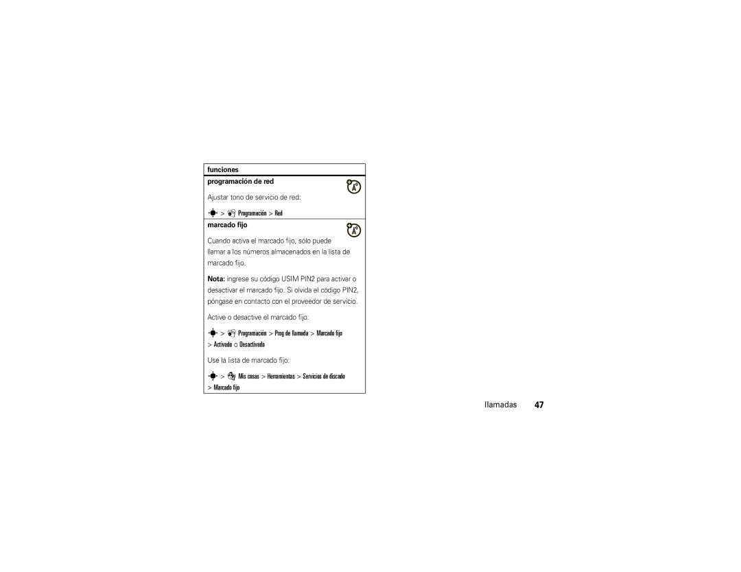 Motorola VA76R manual Programación Red, Funciones Programación de red, Marcado fijo 