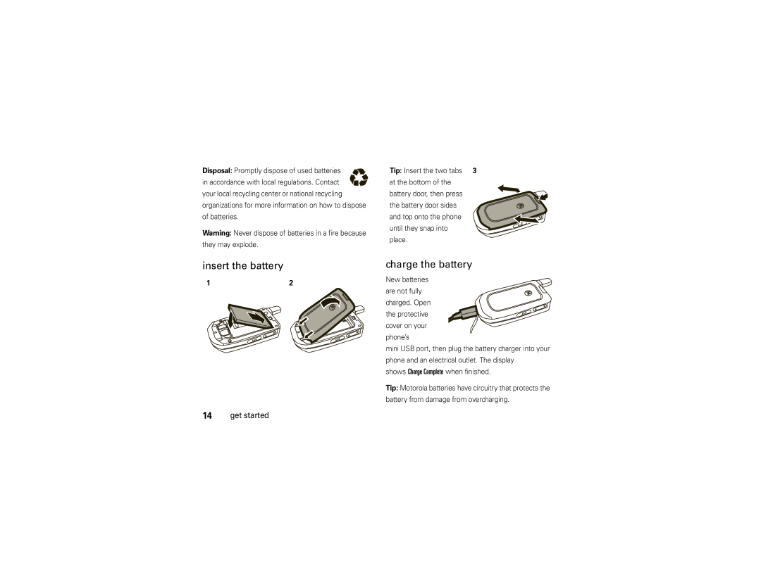 Motorola VA76R manual Insert the battery Charge the battery 