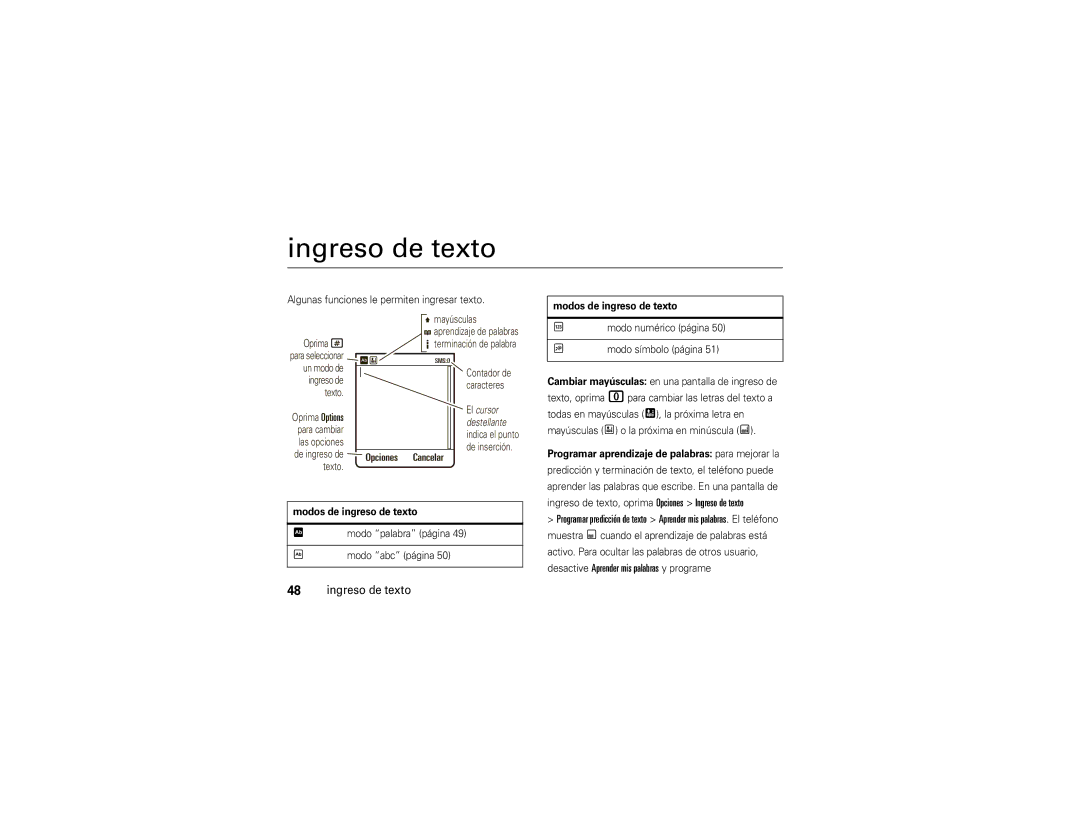 Motorola VA76R manual Ingreso de texto, Modos de ingreso de texto 