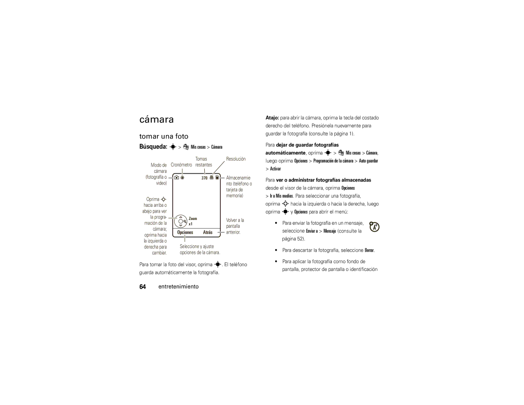 Motorola VA76R manual Tomar una foto, Búsqueda s É Mis cosas Cámara, Activar 