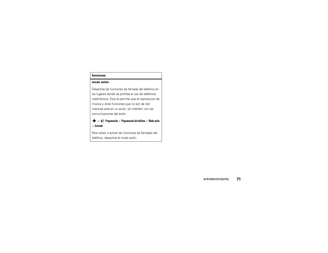 Motorola VA76R manual Programación Programación del teléfono Modo avión Activado, Funciones Modo avión 