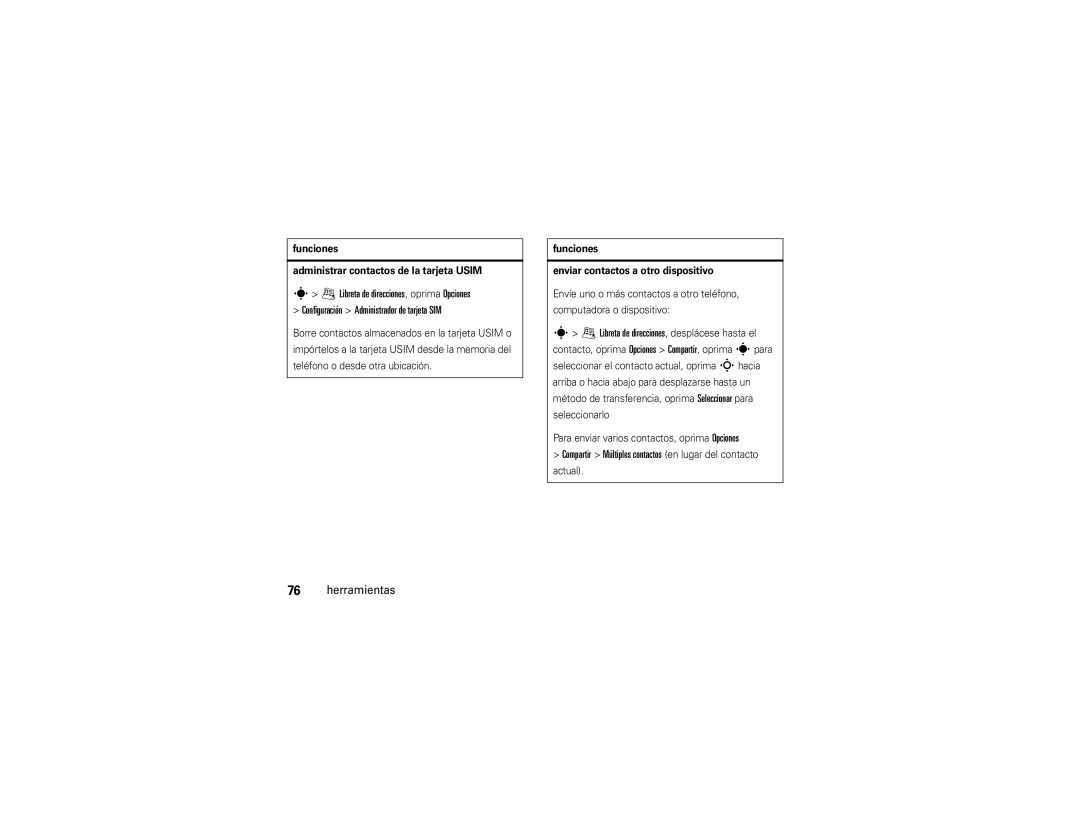 Motorola VA76R manual Funciones Administrar contactos de la tarjeta Usim, Funciones Enviar contactos a otro dispositivo 