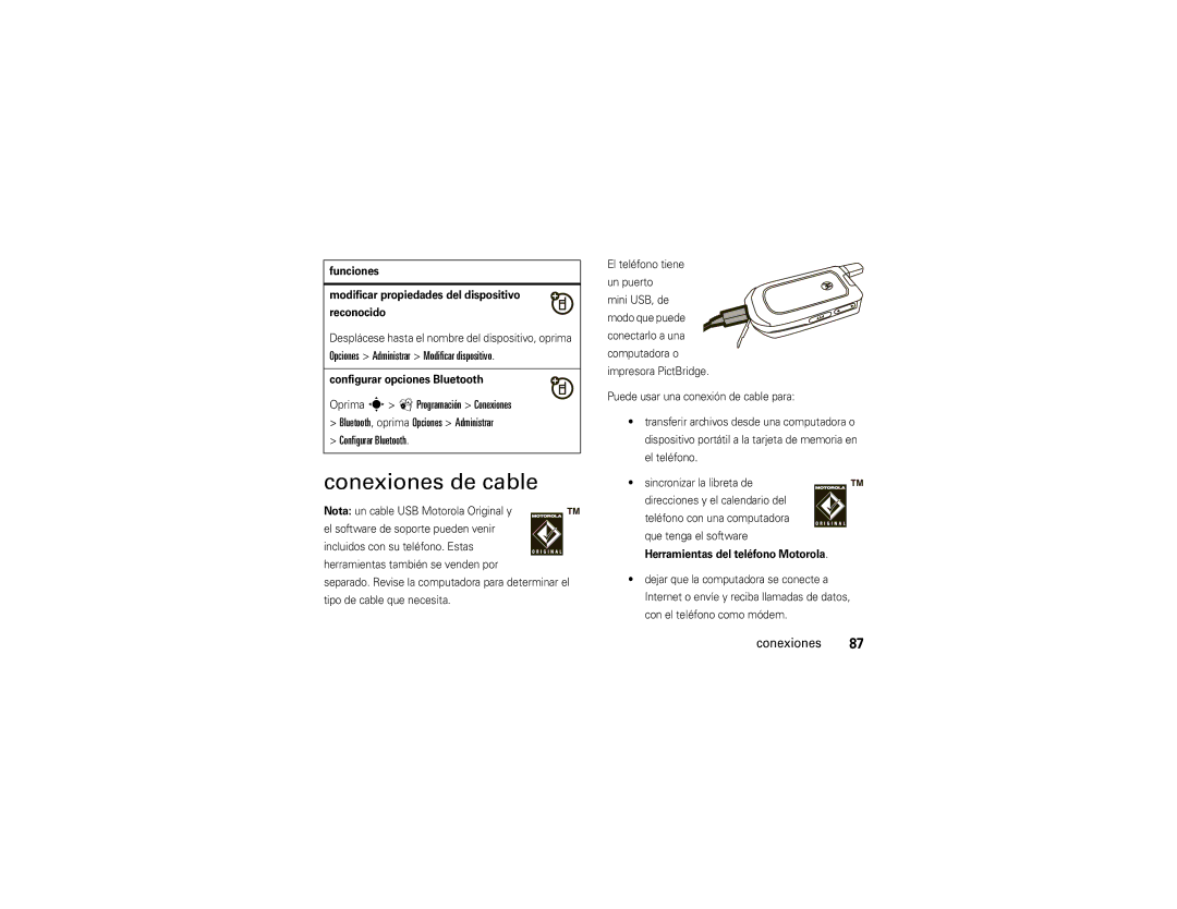 Motorola VA76R manual Conexiones de cable, Funciones Modificar propiedades del dispositivo Reconocido 