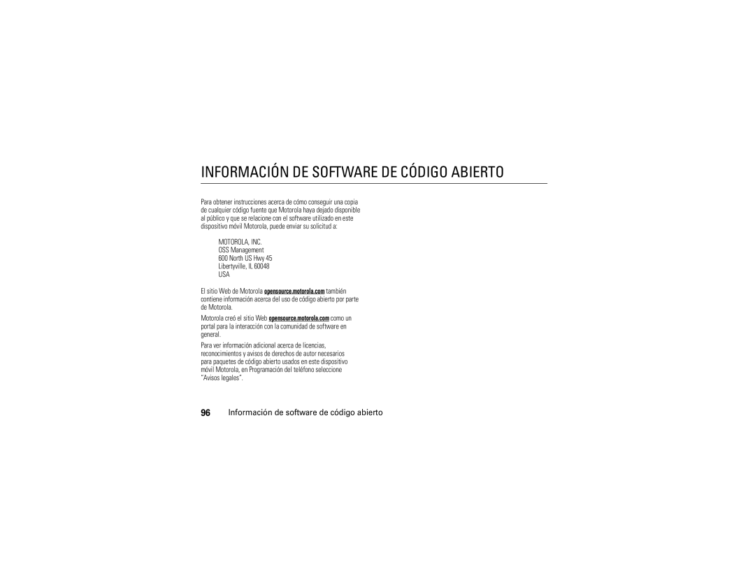 Motorola VA76R manual Información DE Software DE Código Abierto, Información de software de código abierto 