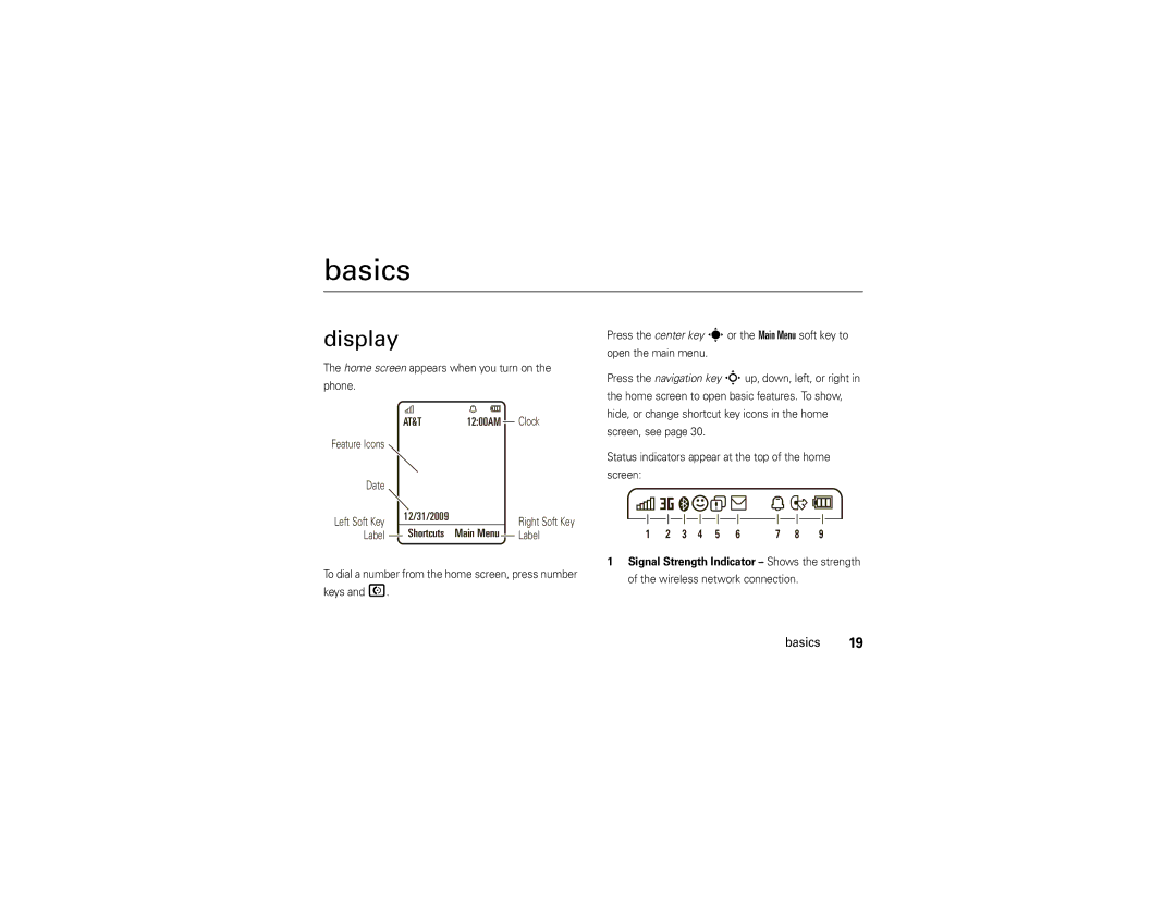 Motorola VA76R manual Basics, Display, Home screen appears when you turn on Phone 