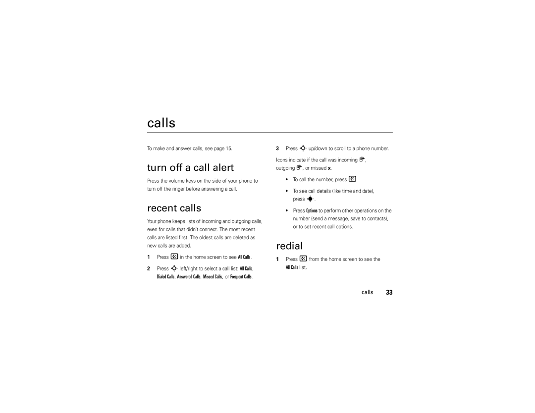 Motorola VA76R manual Turn off a call alert, Recent calls, Redial, All Calls list 